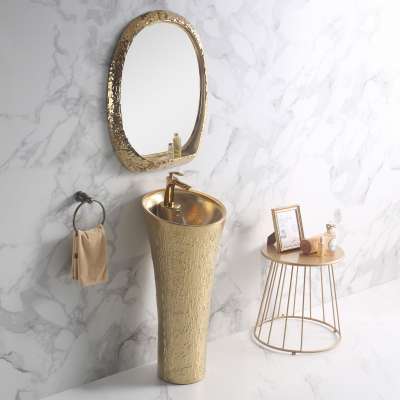 New design irregularity marble ceramic gold color basin with sink art color new models freestanding gold pedestal bathroom sink