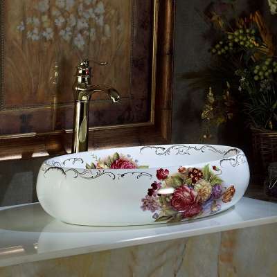 China factory bathroom washing basin art basin sink top ceramic sink electroplating gold flower design lavatory basin with color